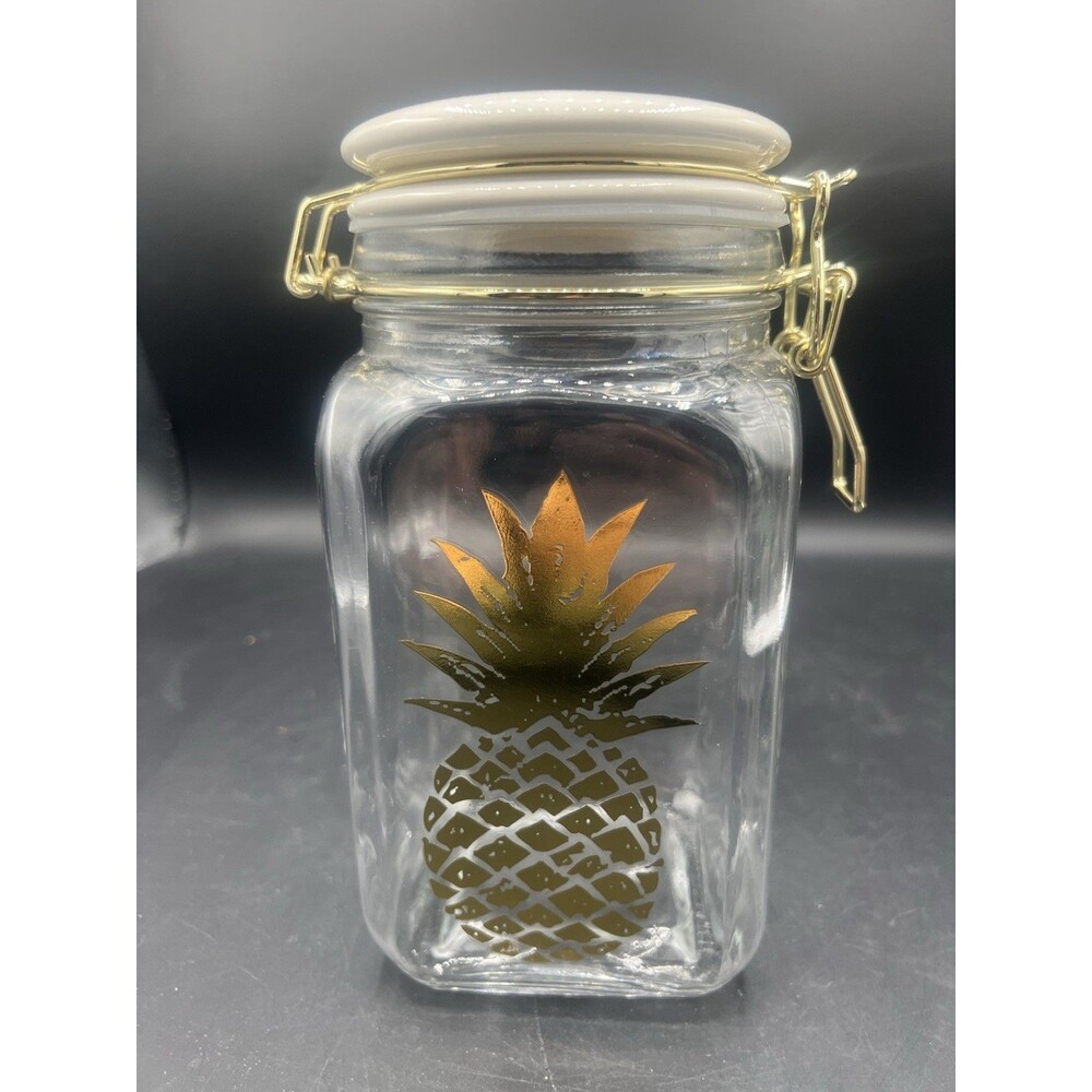 Gold Foil Pineapple Clear Glass Canister Jar 8" White Ceramic Lid Decor